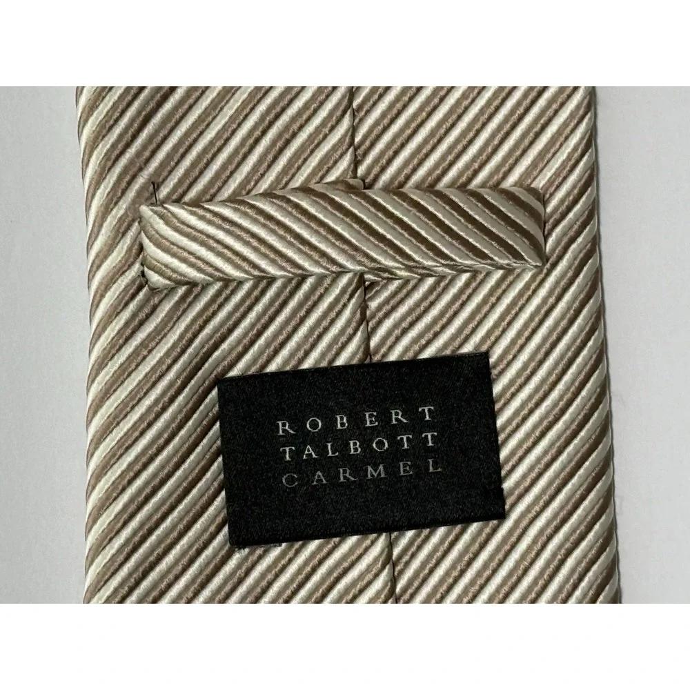 NWT ROBERT TALBOTT 100% Silk Tie Cream/Beige Striped - Made In USA - EUC‎